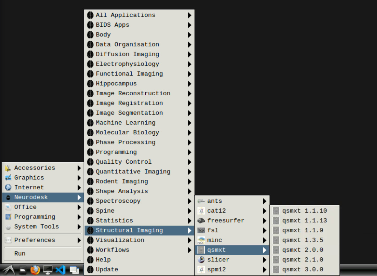 Neurodesktop applications menu with QSMxT